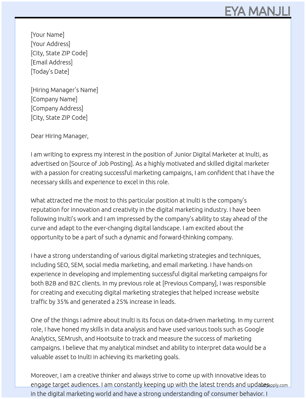 junior dihital marketer At Inulti Cover Letter
