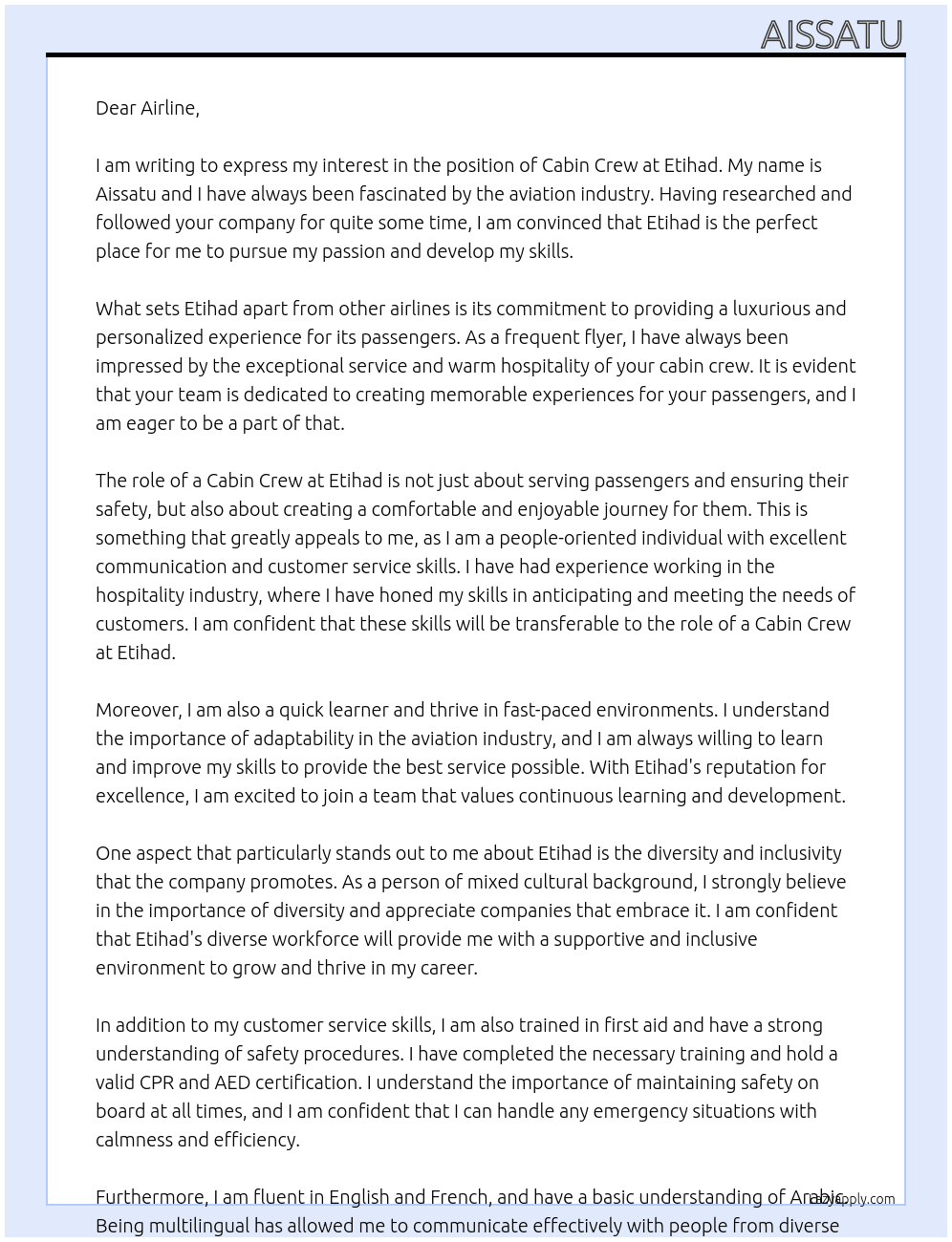 cabin crew At etihad Cover Letter
