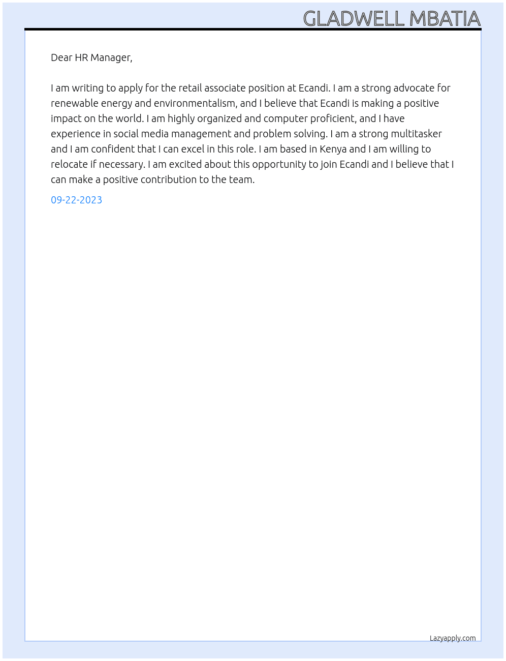 retail associate At Ecandi Cover Letter