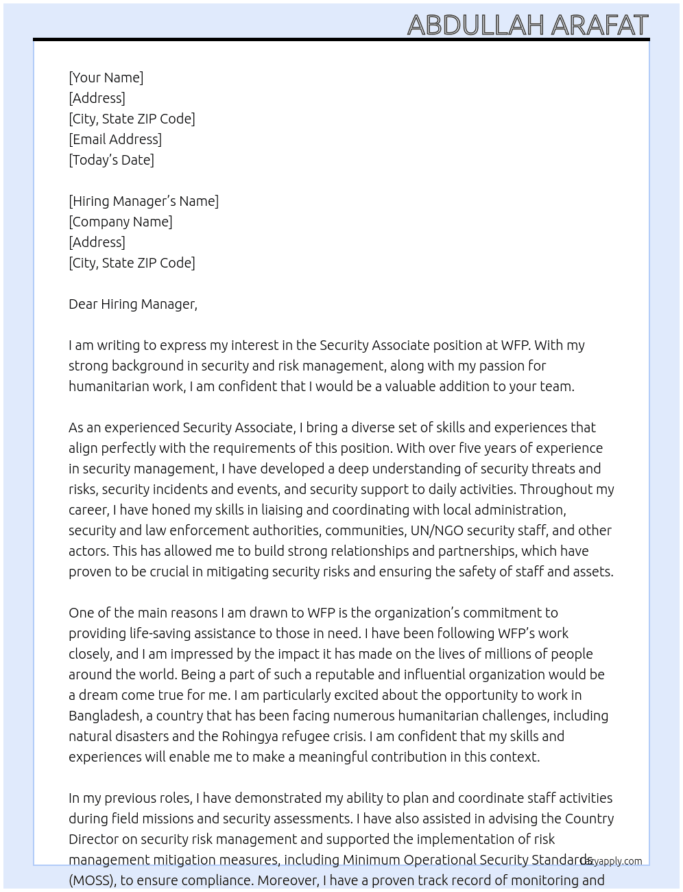 Security Associate At WFP Cover Letter