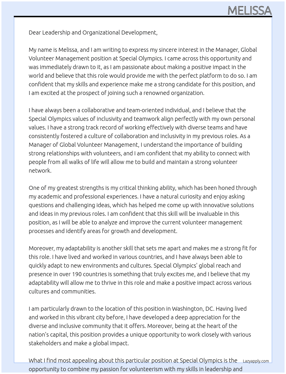 Manager, Global Volunteer Management At Special Olympics Cover Letter