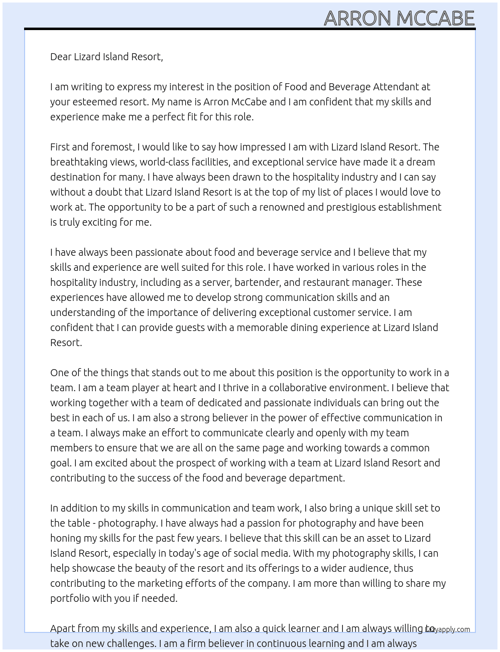 food and beverage attendant  At Lizard Island Resort Cover Letter