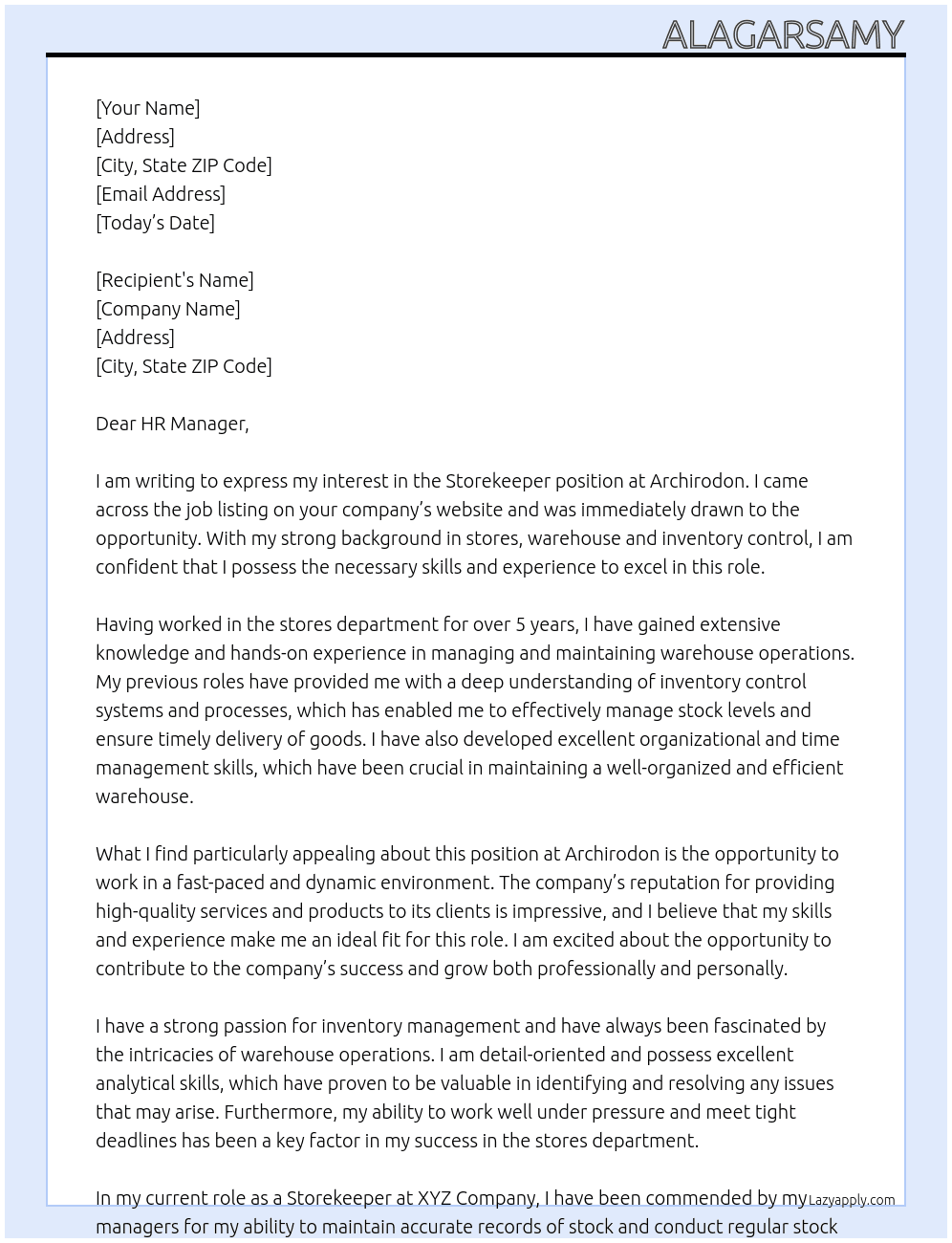 storekeeper At Archirodon Cover Letter
