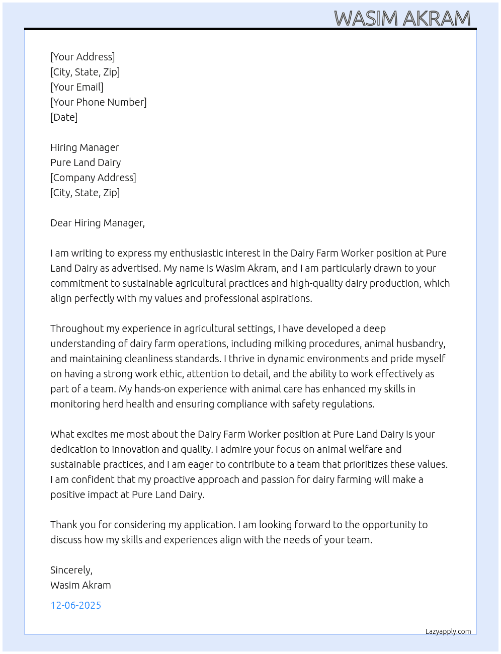 Cover letter for dairy from - LazyApply