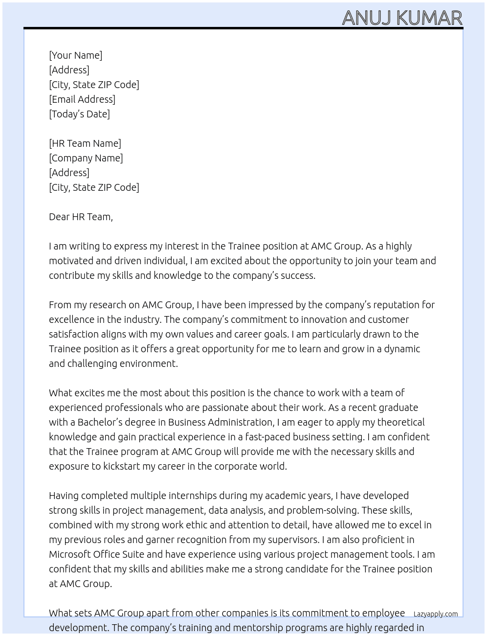 Trainee At AMC Group Cover Letter