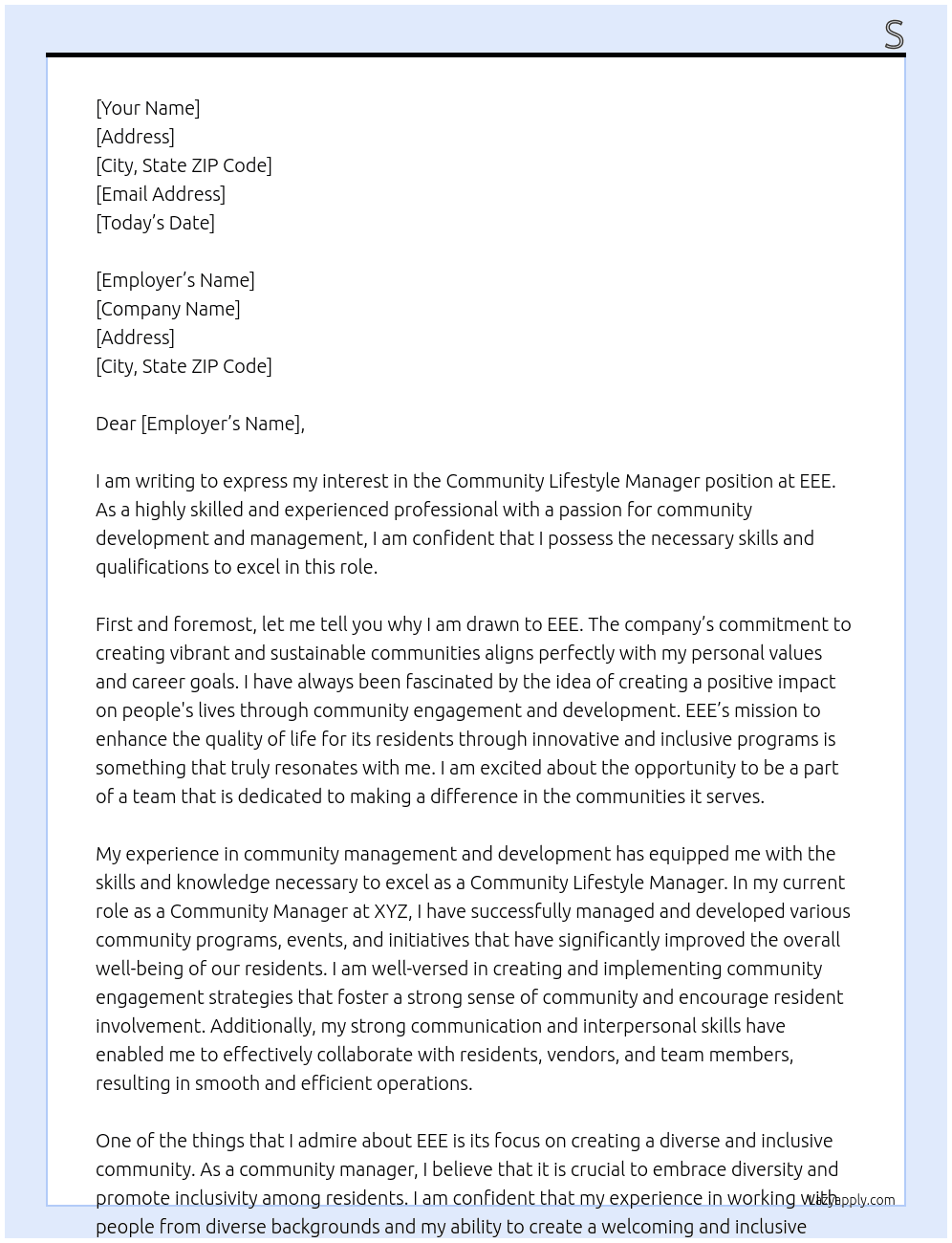 Community Lifestyle Manager At EEE Cover Letter