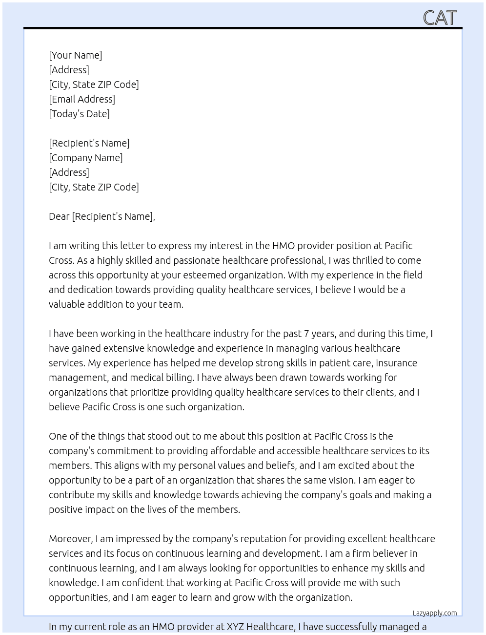 HMO provider At PAcific cross Cover Letter