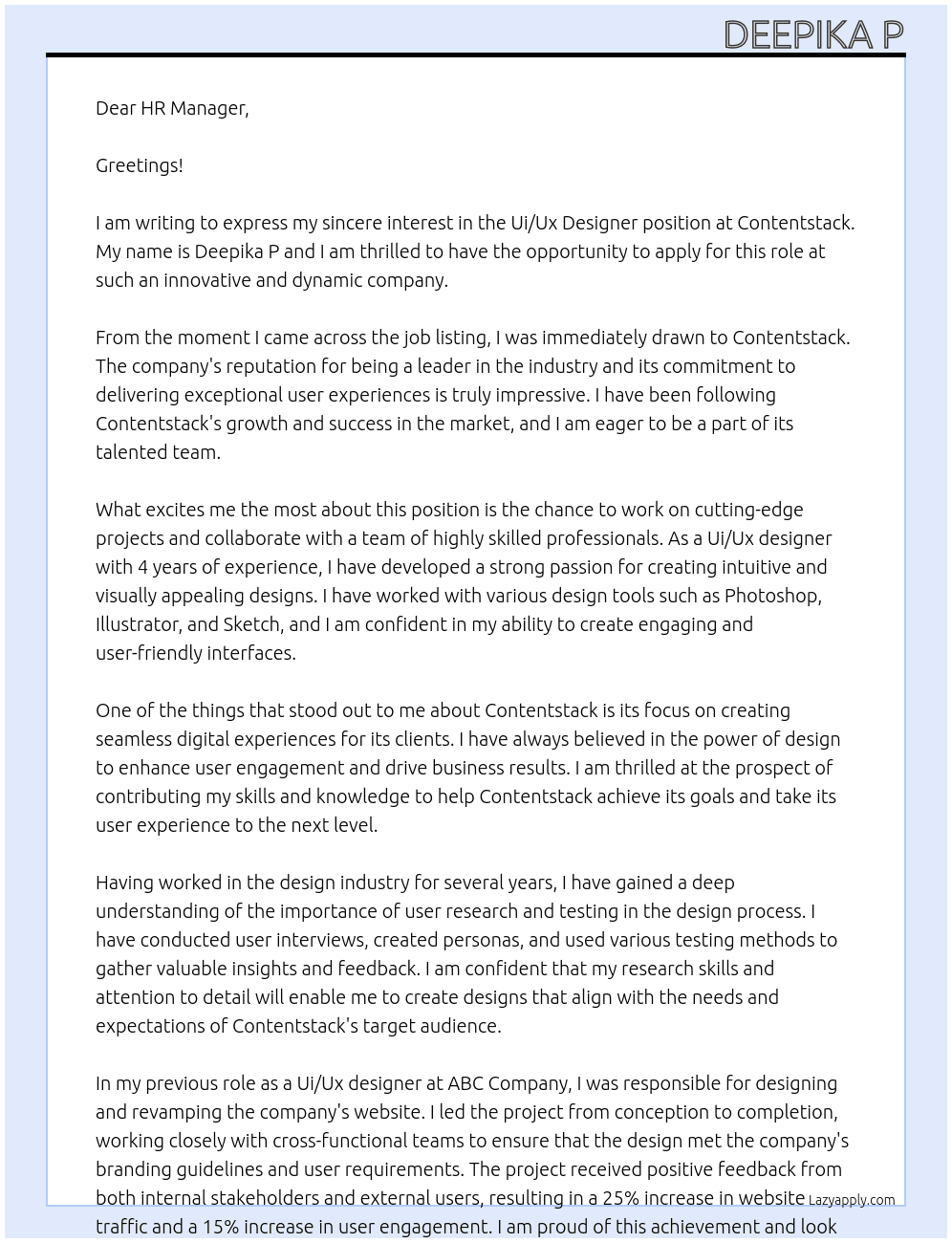 Ui/Ux designer  At Contentstack Cover Letter