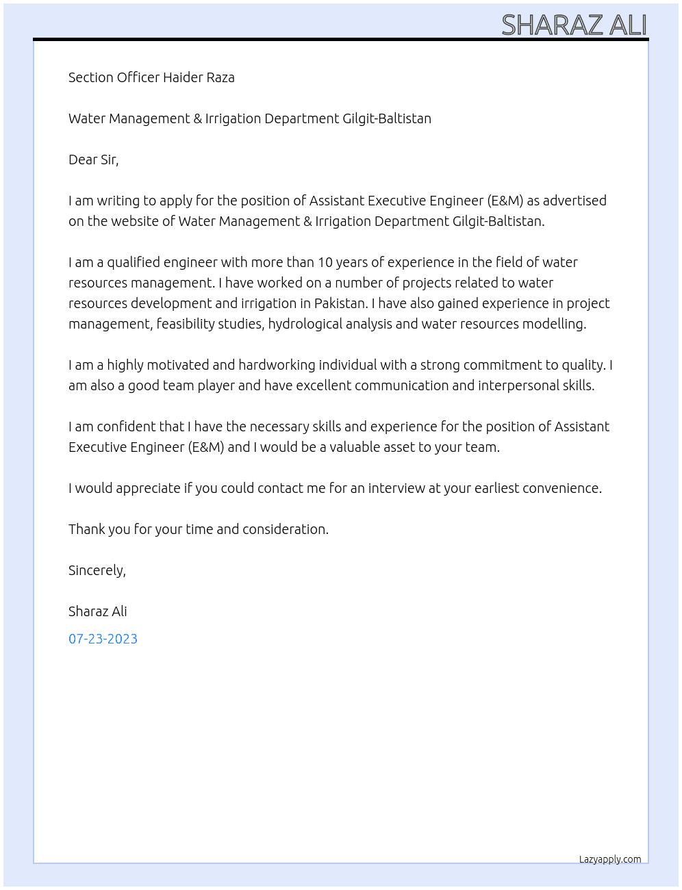 Assistant Executive Engineer (E&M) At Water Management & Irrigation Department Gilgit-Baltistan Cover Letter