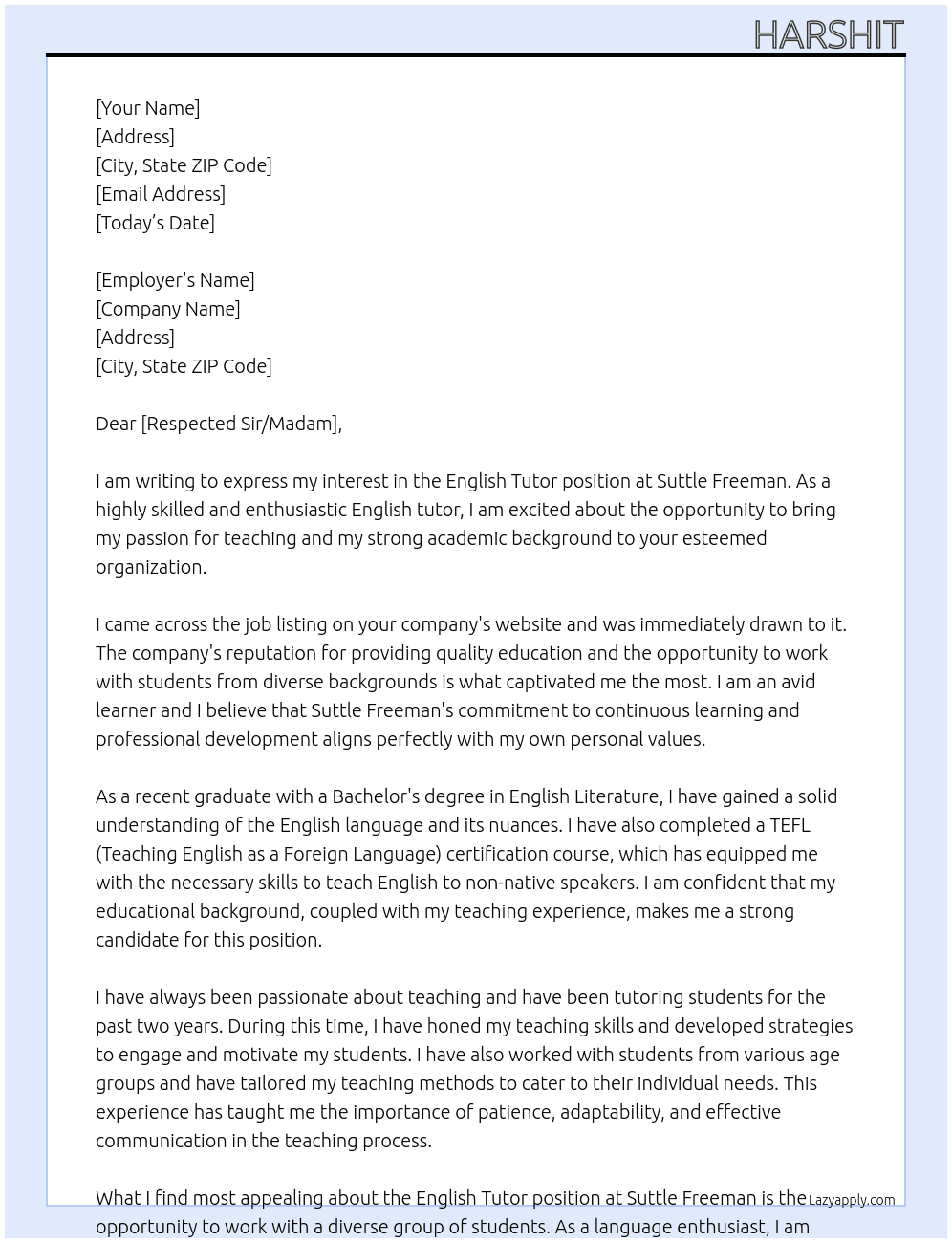 English Tutor  At Suttle Freeman Cover Letter