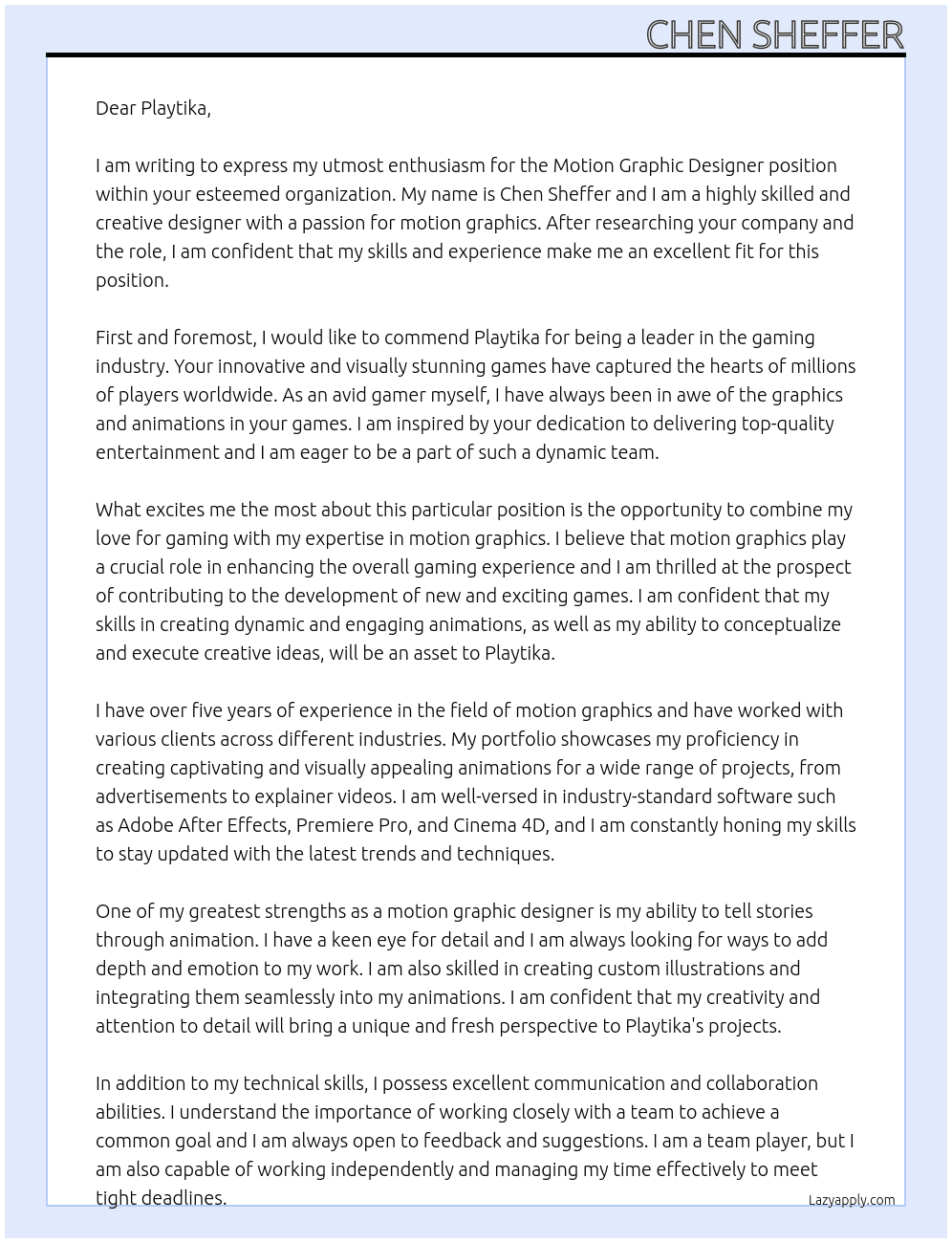Motion Graphic Designer At Playtika Cover Letter