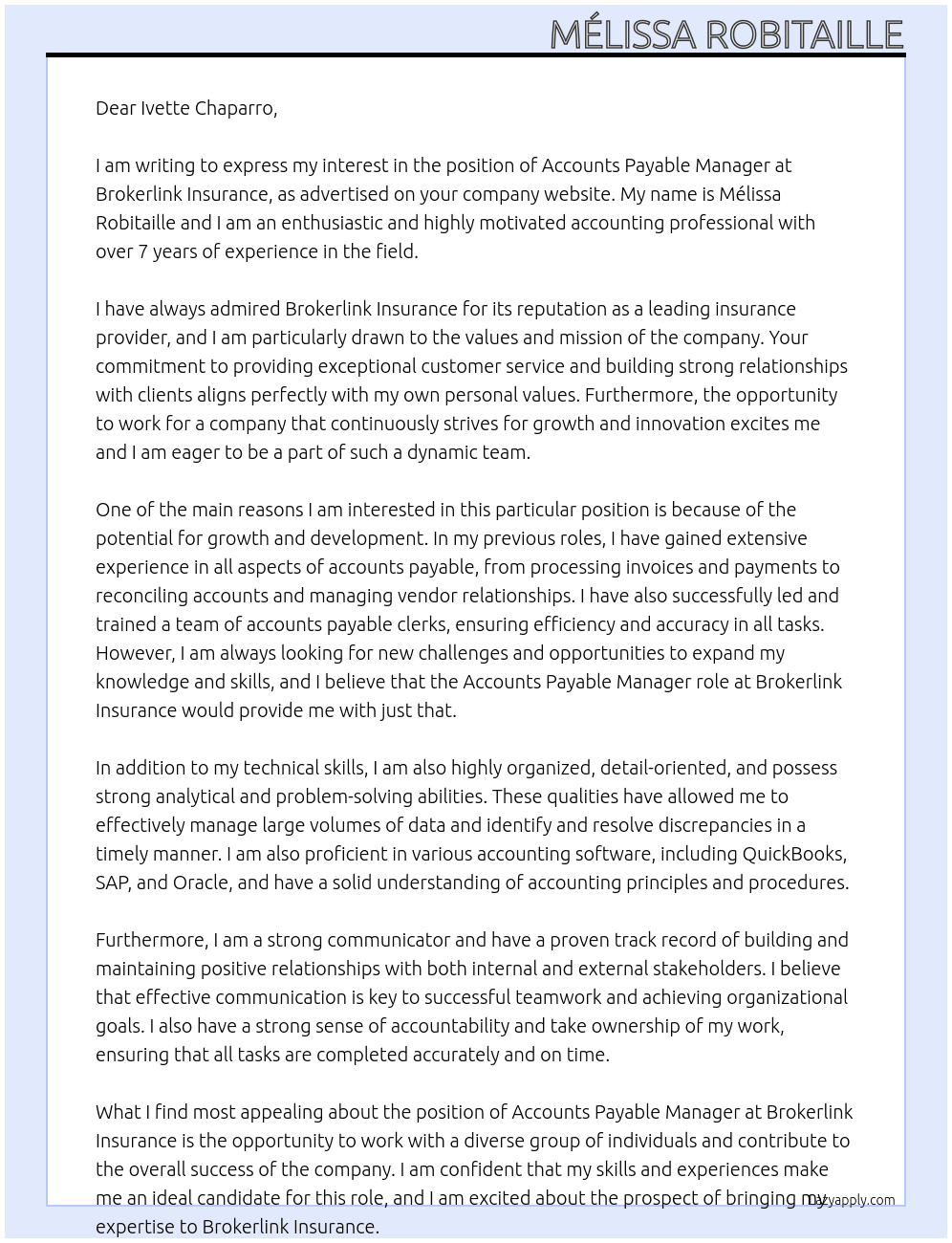 Accounts Payable Manager At Brokerlink Insurance Cover Letter