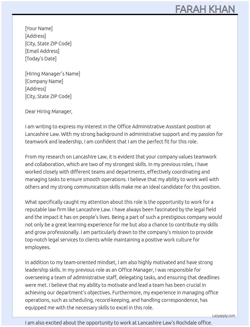 Office administrative assistant  At Lancashire law  Cover Letter