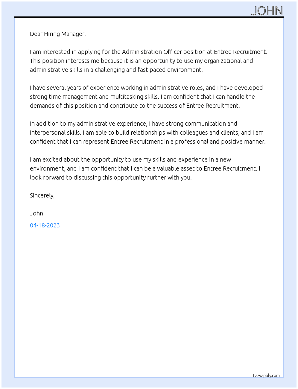 Administration Officer At Entree Recruitment Cover Letter