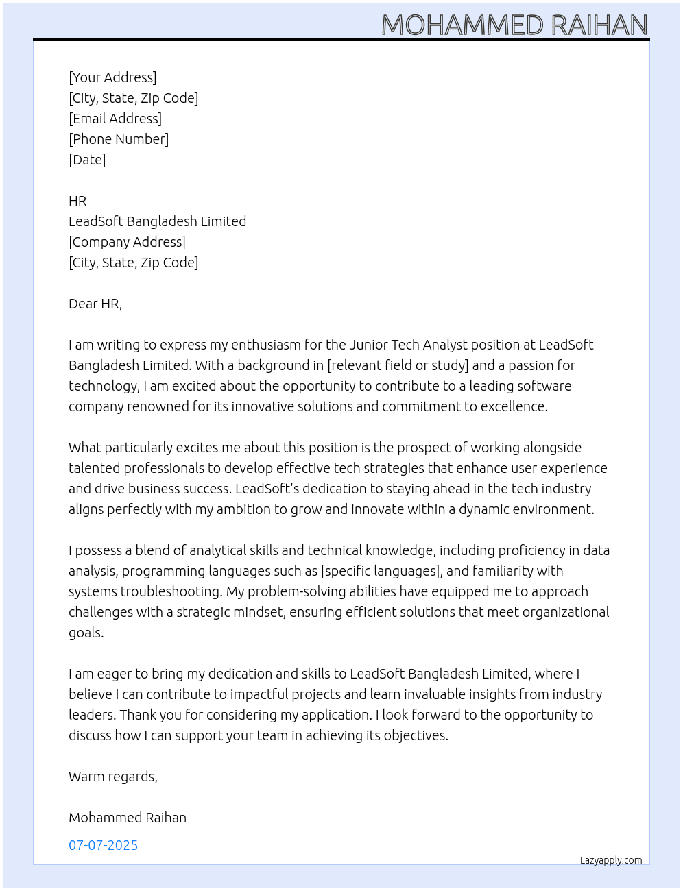 Junior Tech Analyst At LeadSoft Bangladesh Limited is Cover Letter