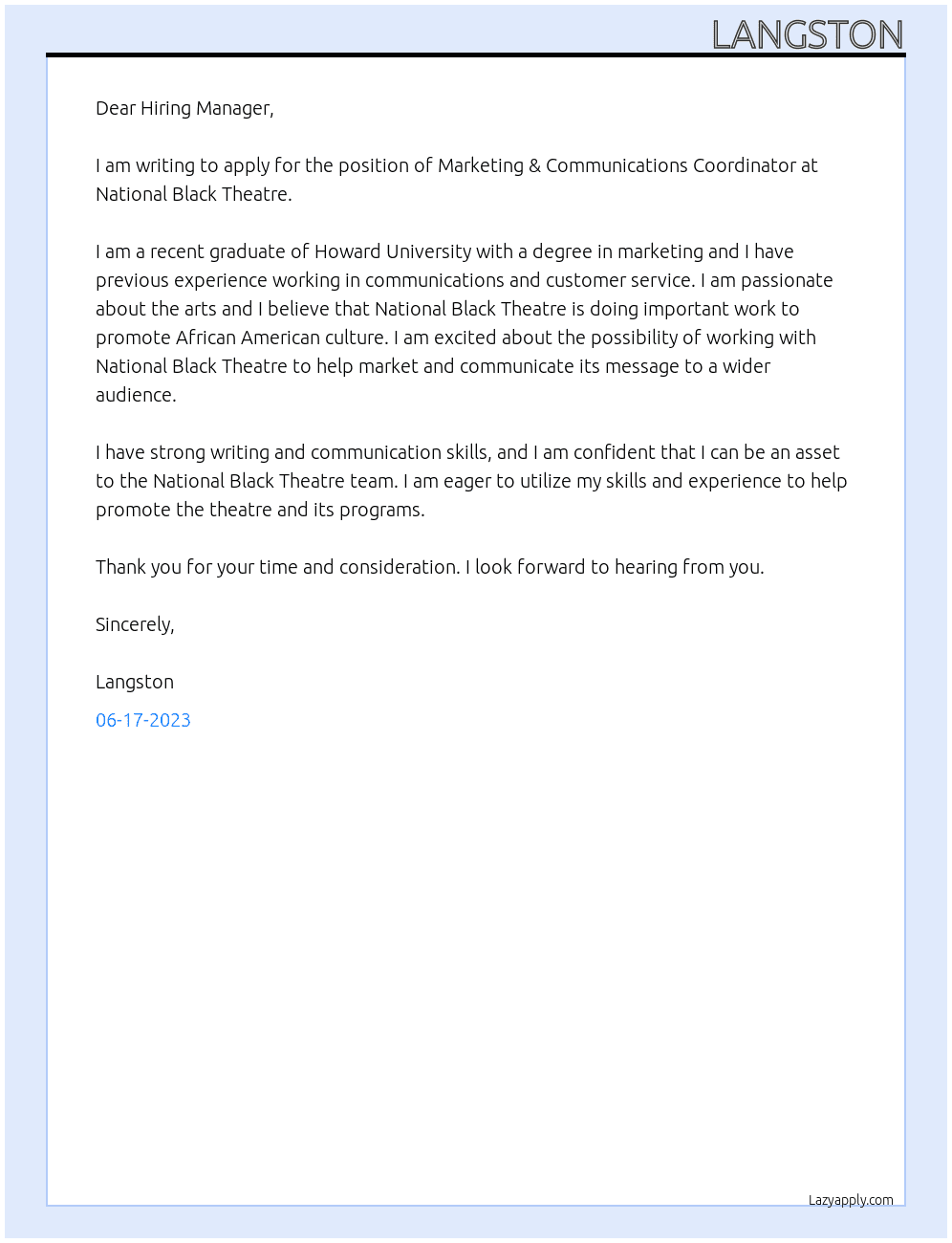 Marketing & Communications Coordinator At National Black Theatre Cover Letter