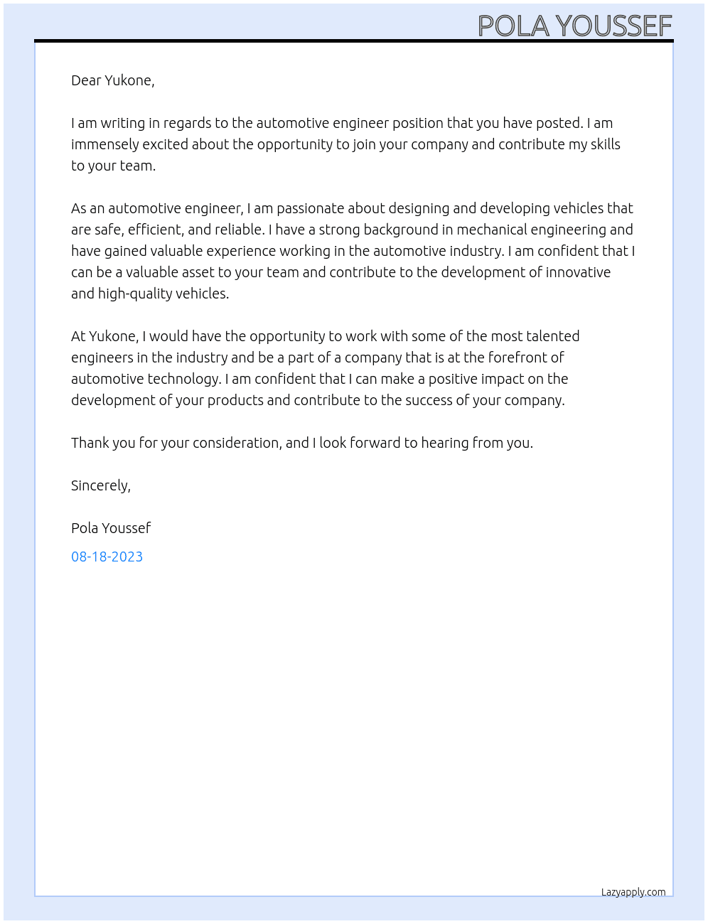 Automotive engineer At Yukone Cover Letter