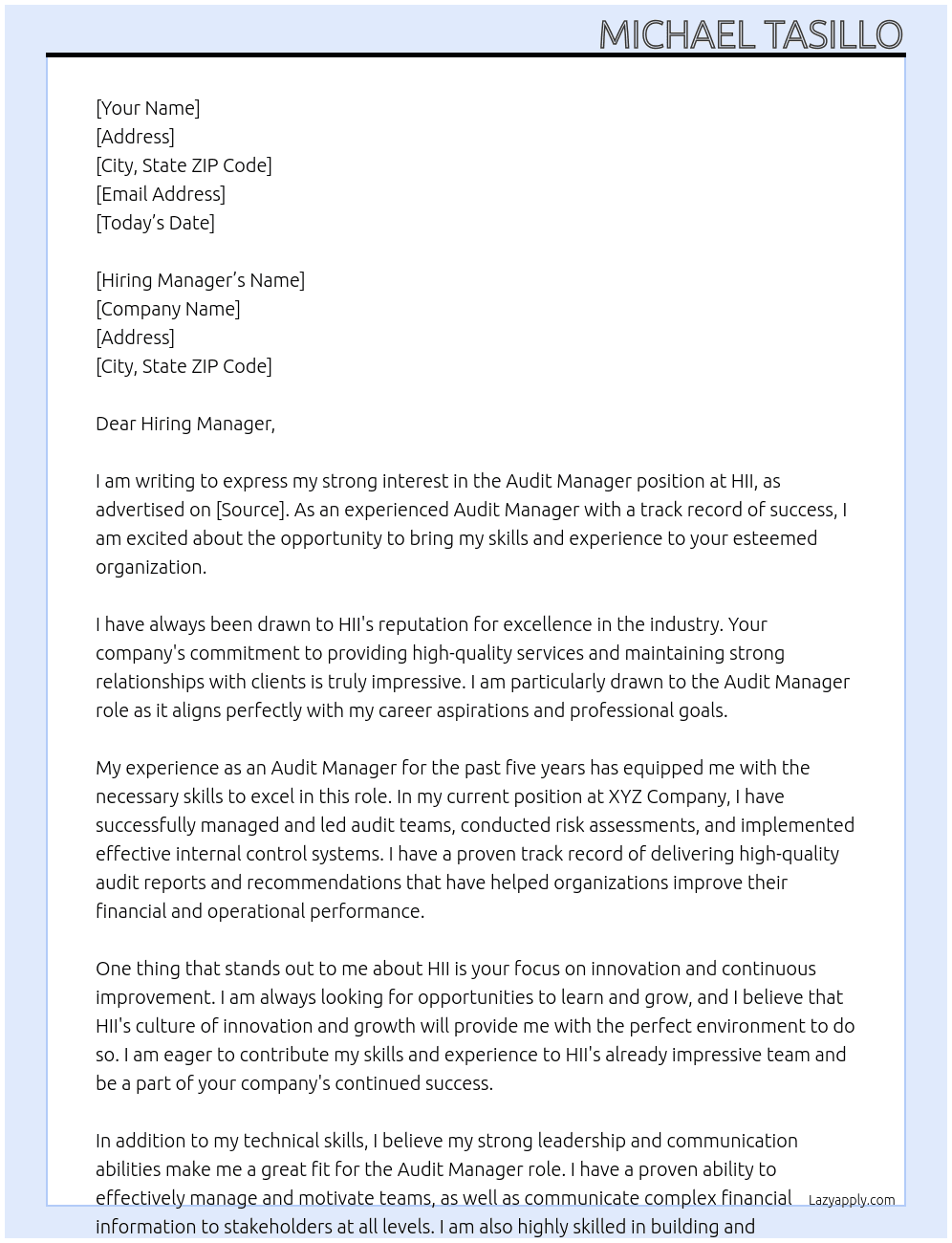 Audit Manager At HII Cover Letter