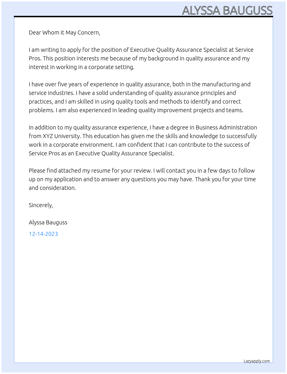 Executive Quality Assurance Specialist At Service Pros Cover Letter