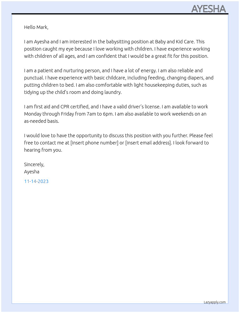 babysitting At baby and kid care Cover Letter