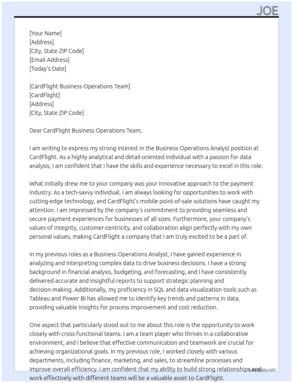Business Operations Analyst At CardFlight Cover Letter
