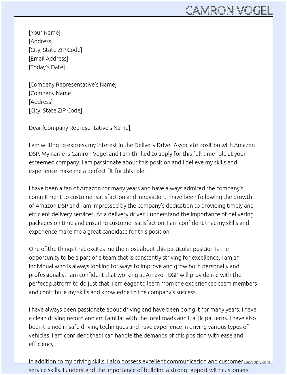 Delivery Driver Associate  At Amazon DSP Cover Letter