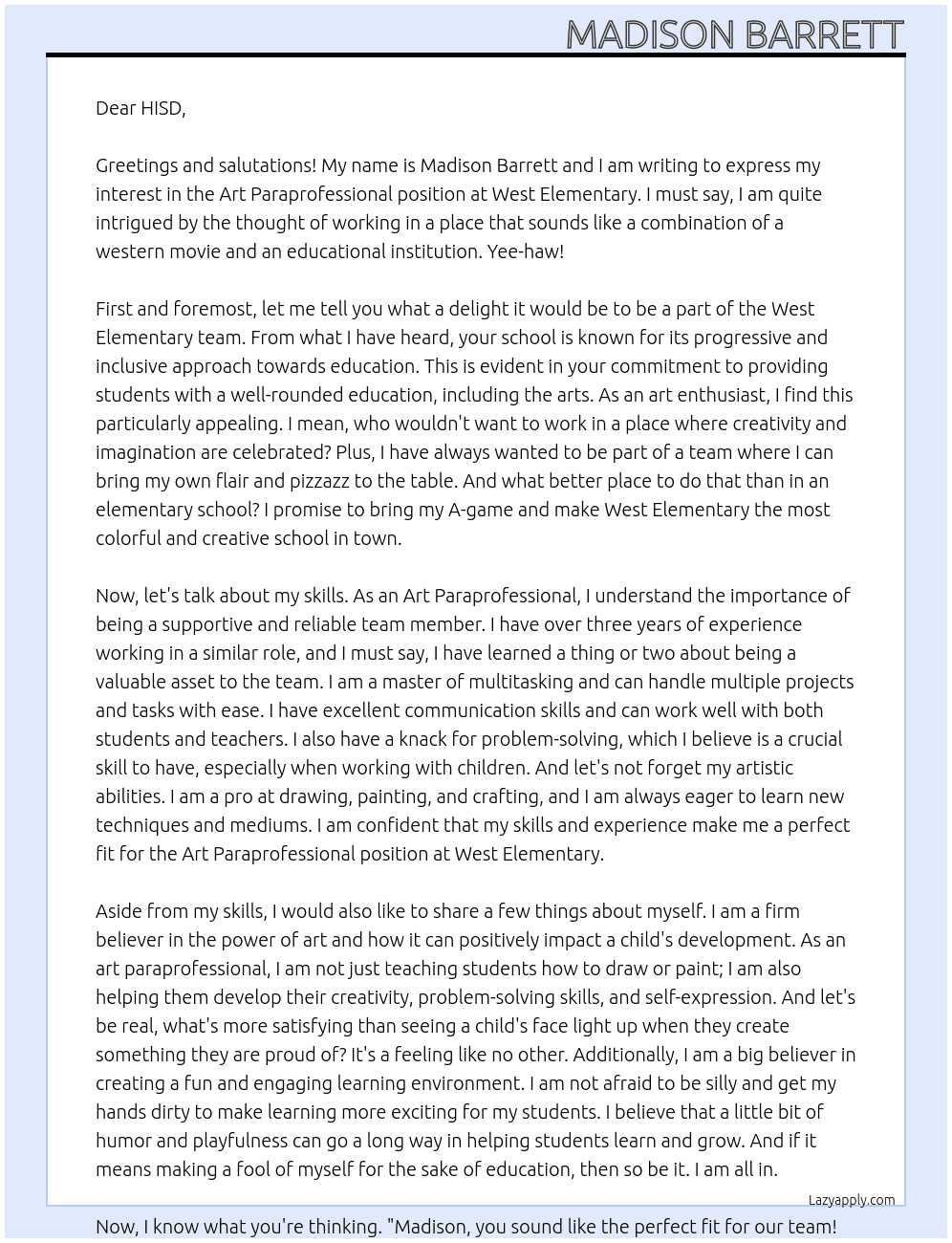 Art Paraprofessional At West Elementary Cover Letter