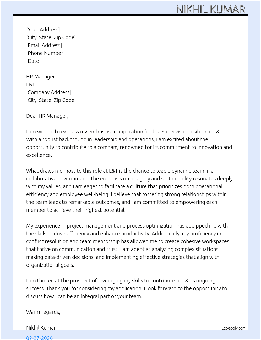 Supervisor At L&T Cover Letter