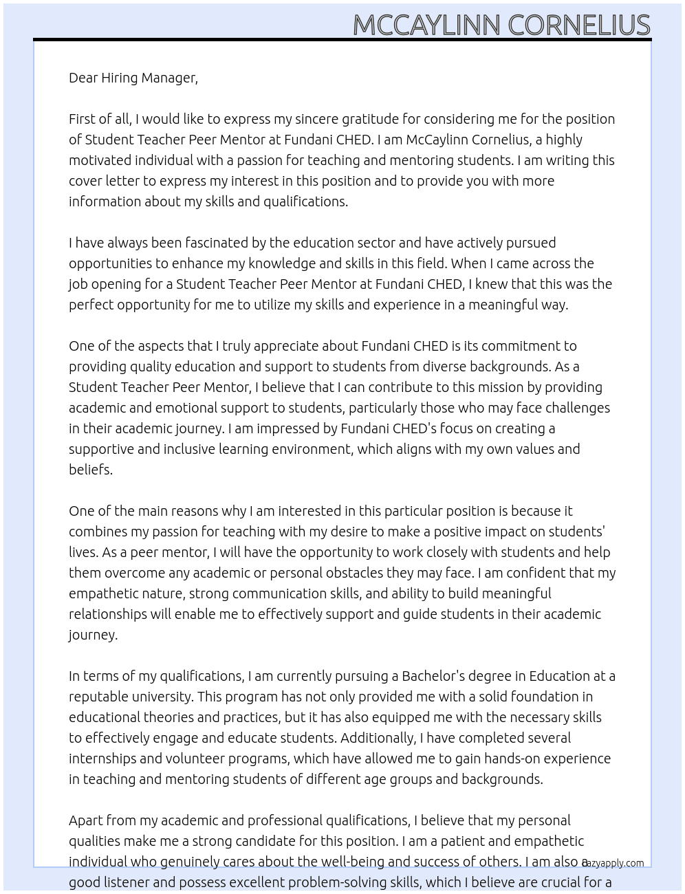 Student Teacher Peer Mentor At Fundani CHED Cover Letter