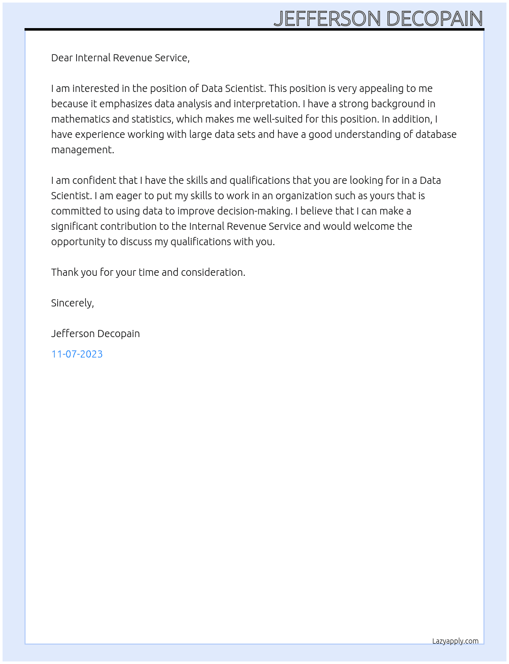 Data Scientist At Internal Revenue Service Cover Letter