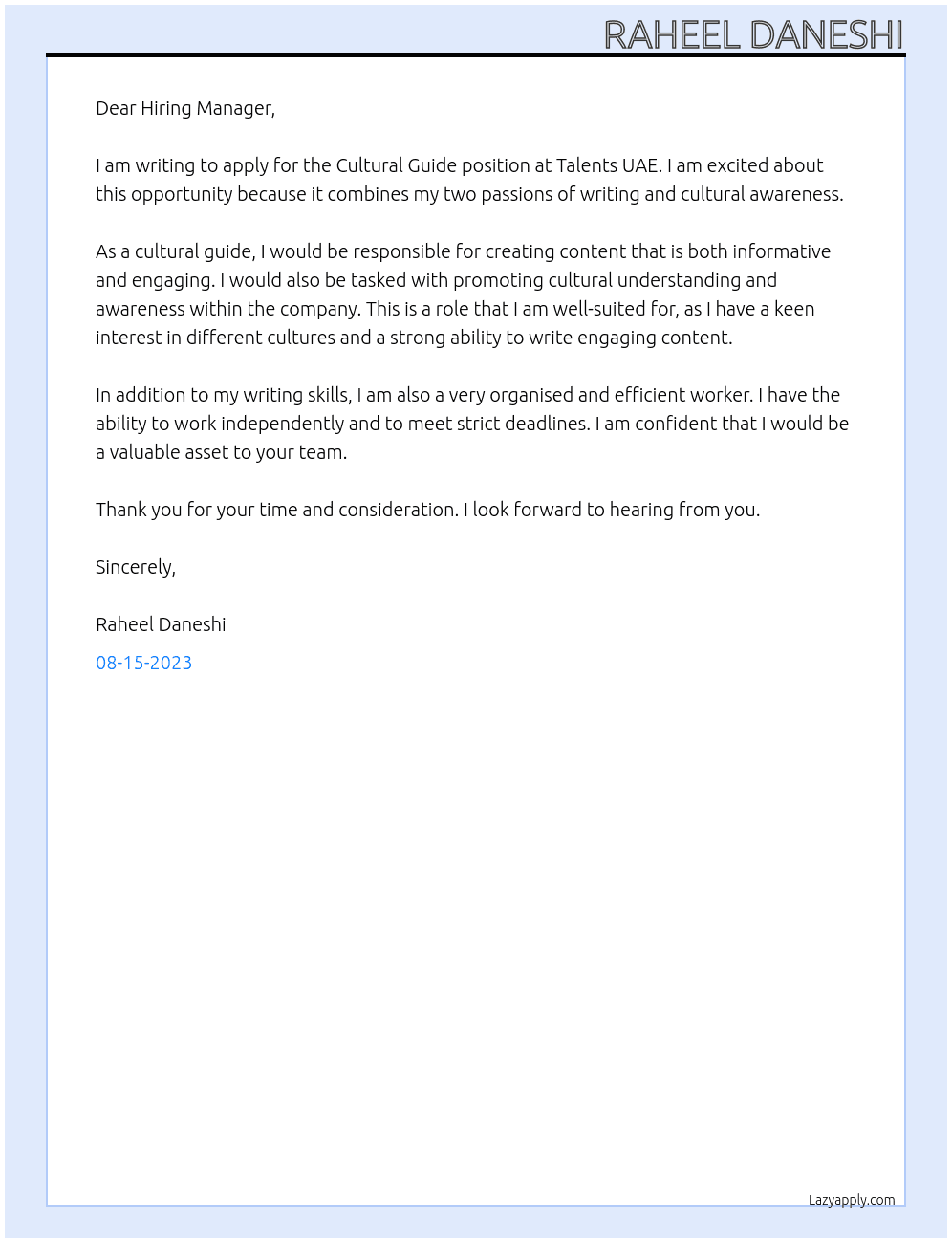 Cultural Guide  At Talents UAE Cover Letter