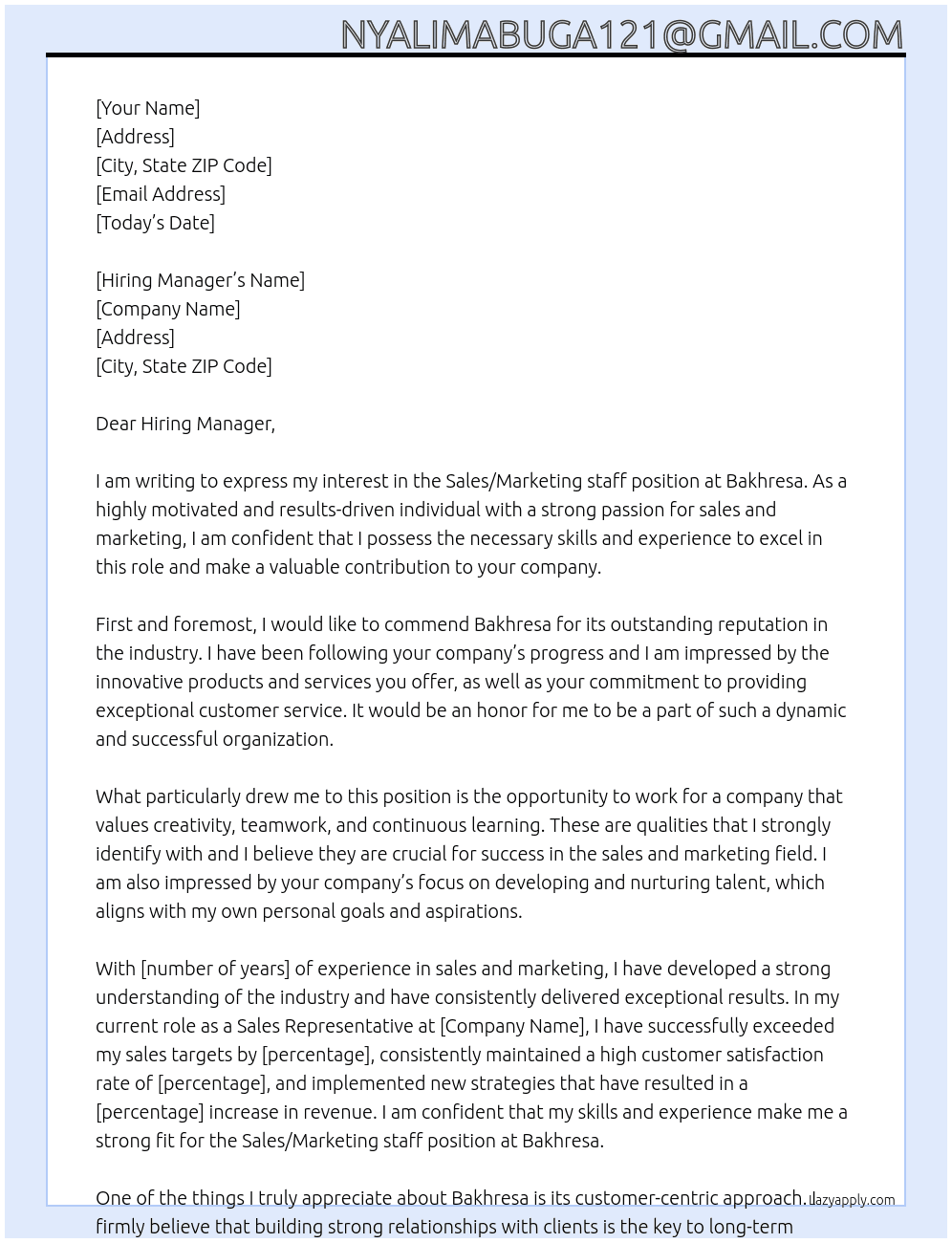 Sales/Marketing staff At Bakhresa Cover Letter