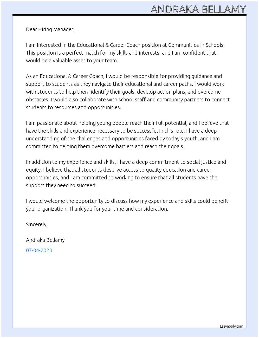 Educational & Career Coach At Communities In Schools Cover Letter
