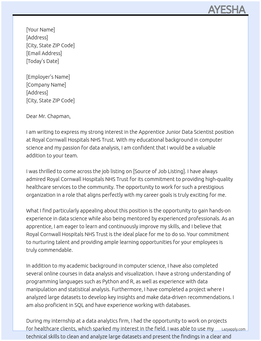 Apprentice Junior Data Scientist At Royal Cornwall Hospitals NHS Trust Cover Letter