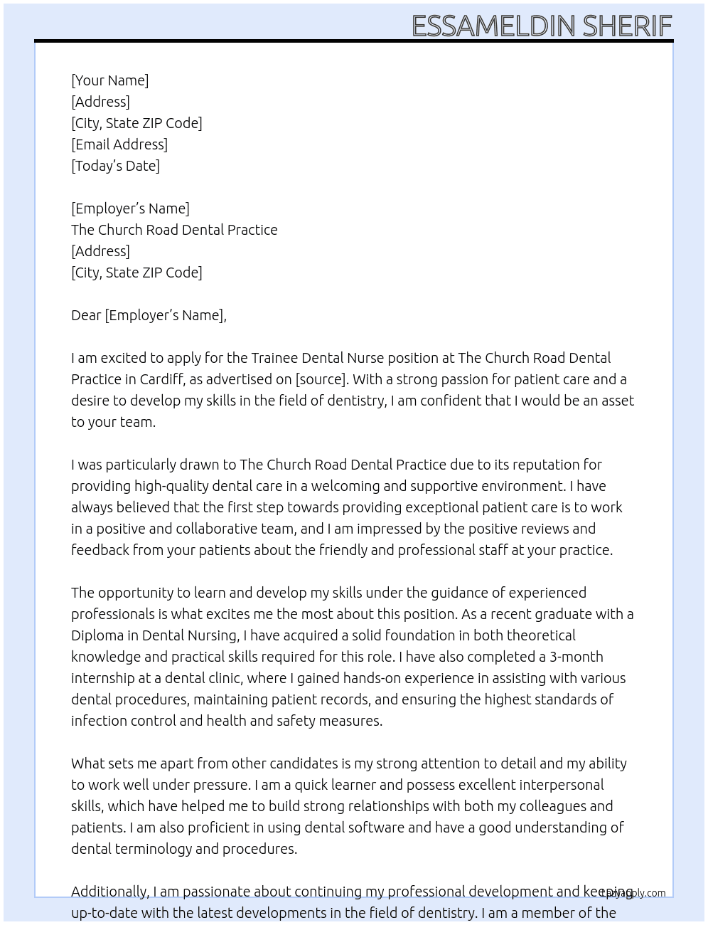 Trainee dental nurse At The Church Road Dental Practice - Cardiff Cover Letter
