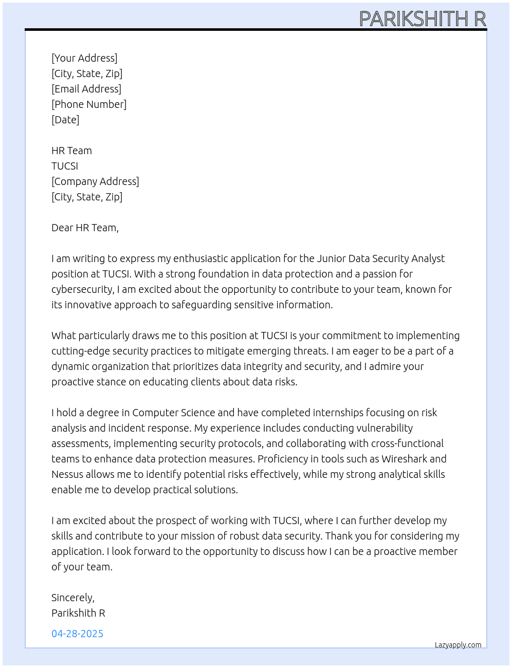 Junior Data Security Analyst  At TUCSI Cover Letter