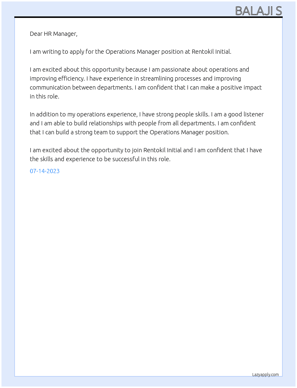 Operations manager At  Rentokil Initial Cover Letter