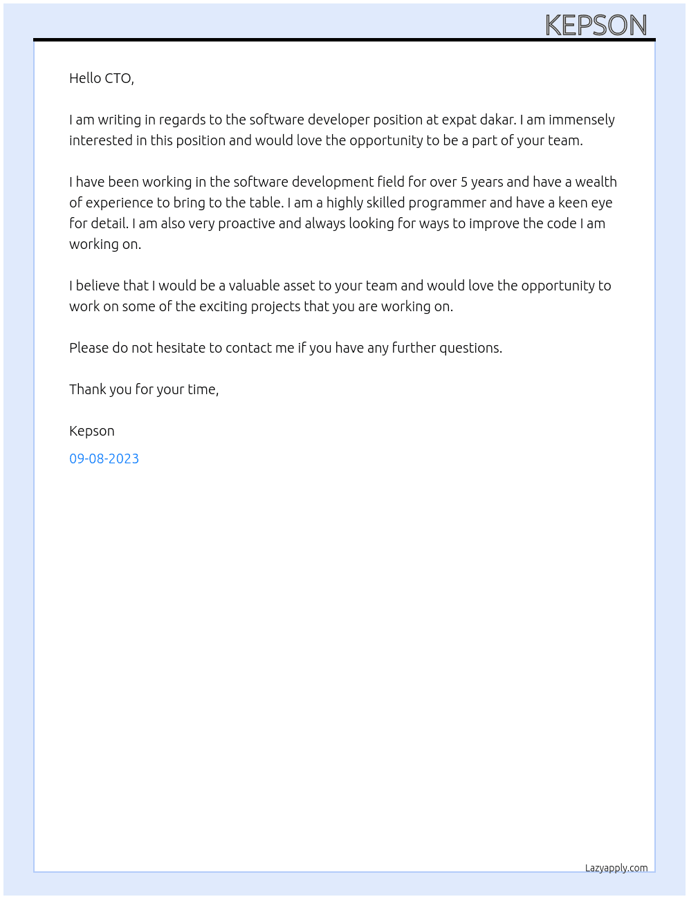 sofware developer  At expat dakar  Cover Letter