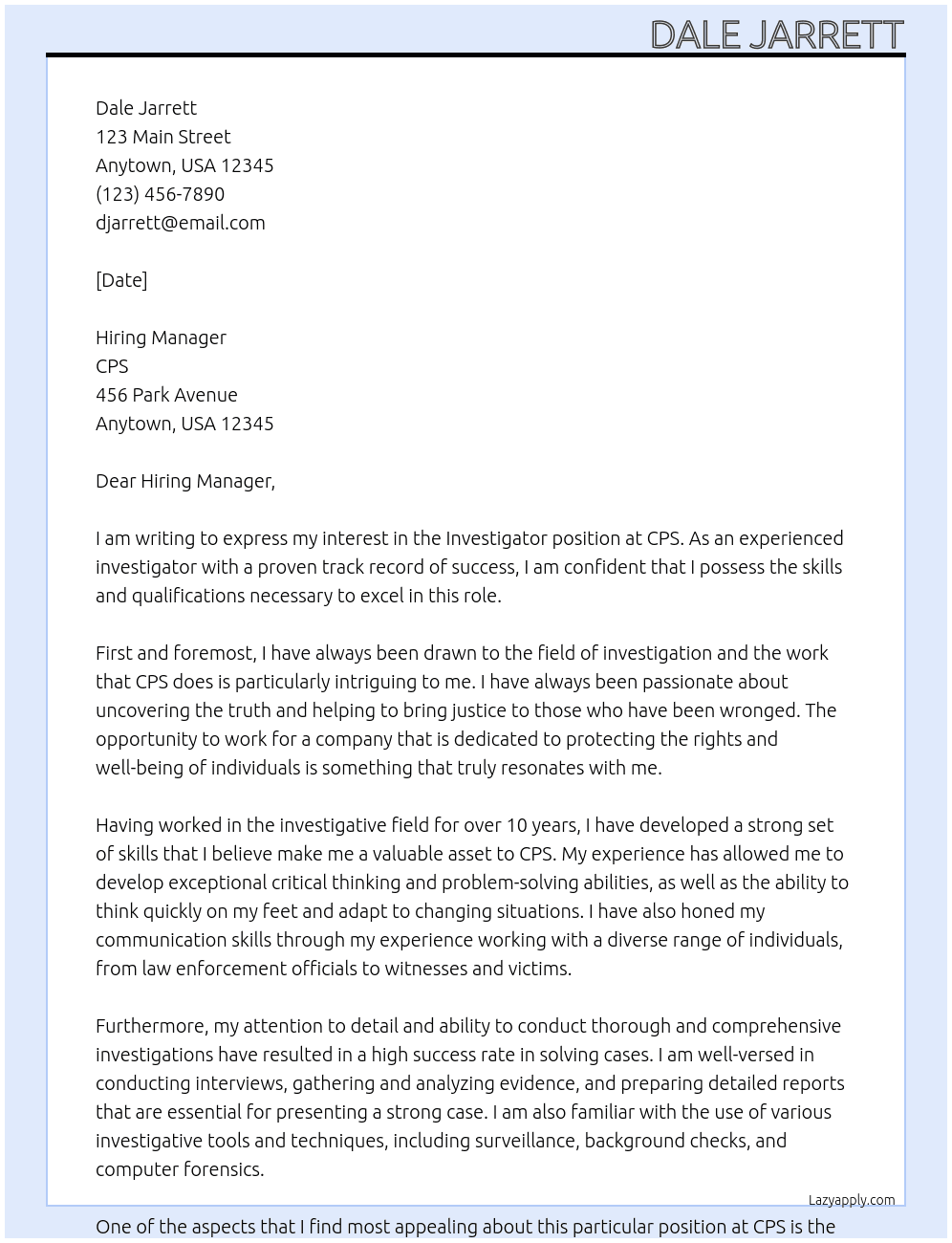 Investigator At cps Cover Letter