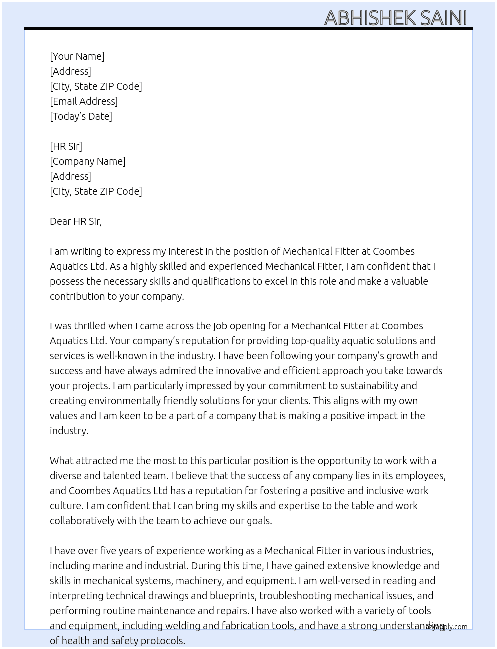 Mechanical fitter  At Coombes Aquatics Ltd Cover Letter
