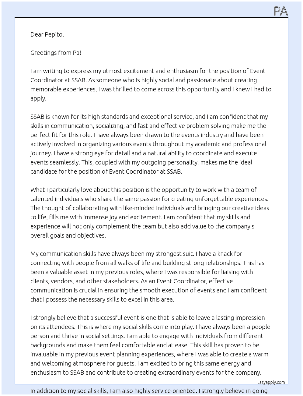 event coordinator  At SSAB Cover Letter