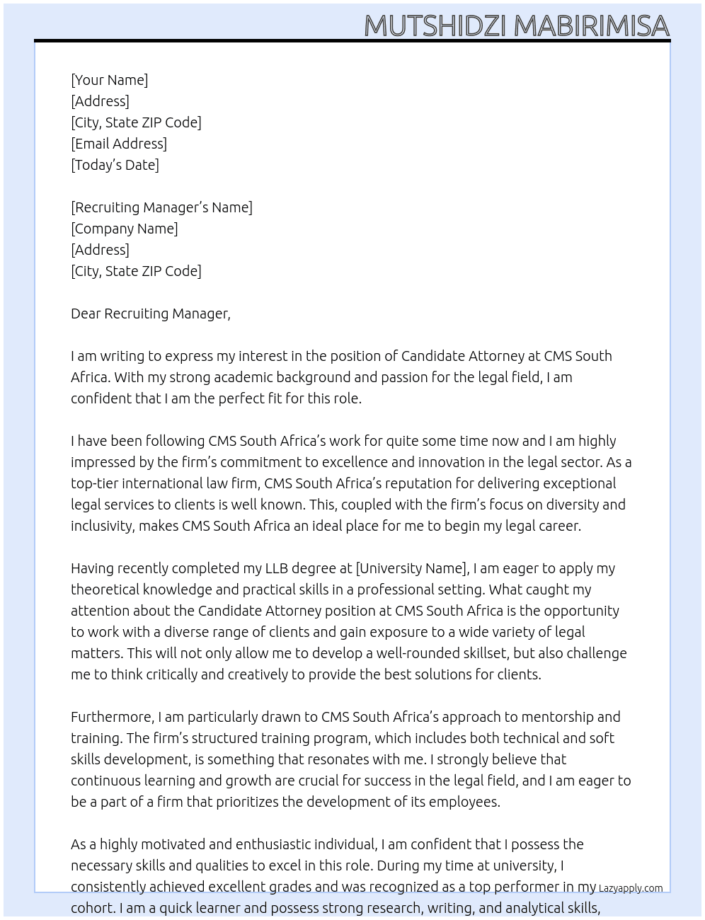 Candidate Attorney At CMS South Africa Cover Letter