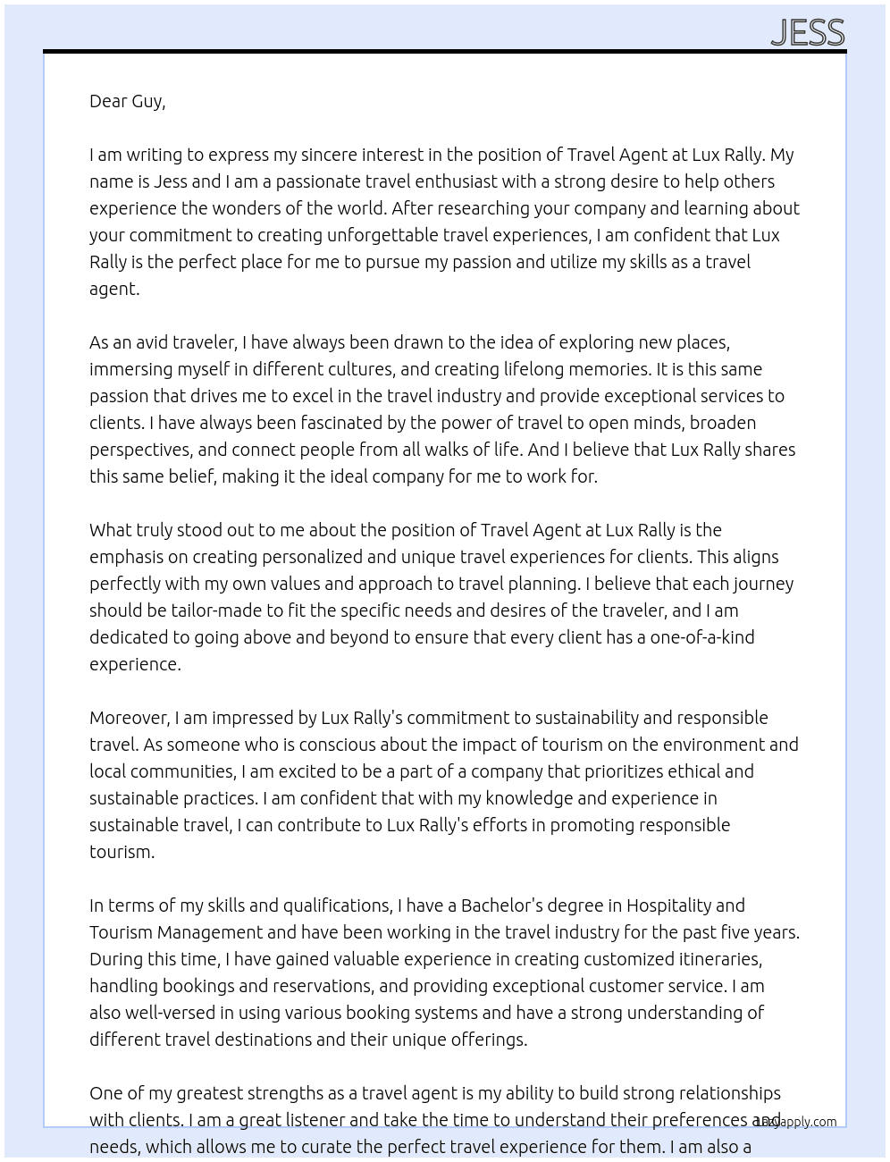 travel agent At lux rally Cover Letter