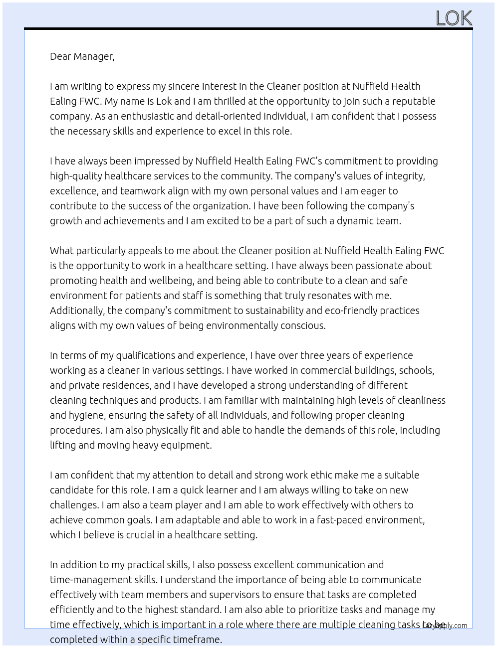 cleaner At Nuffield Health Ealing FWC  Cover Letter