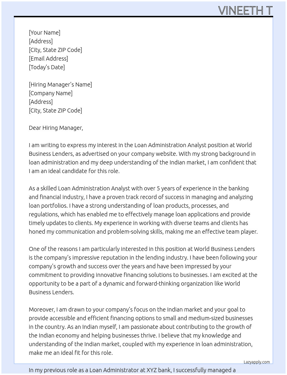 Loan Administration Analyst - India At World Business Lenders Cover Letter