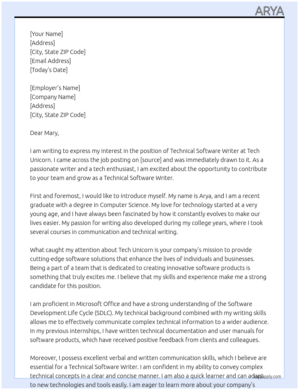 TECHNICAL SOFTWARE WRITER At Tech Unicorn Cover Letter
