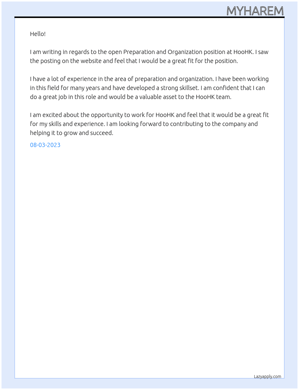 preparation, organization At hoohk Cover Letter