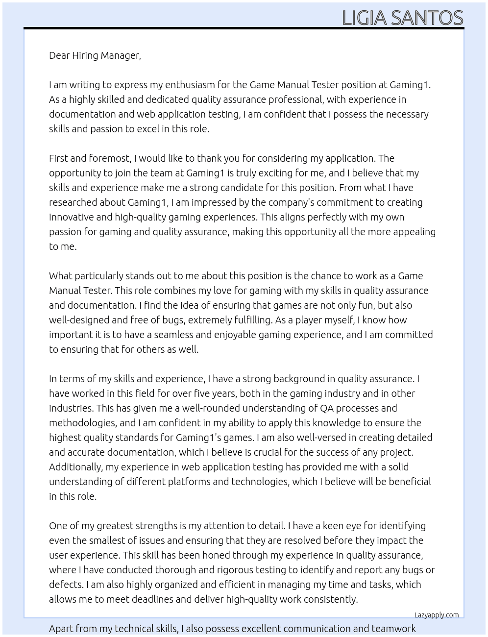Game manual tester At Gaming1 Cover Letter