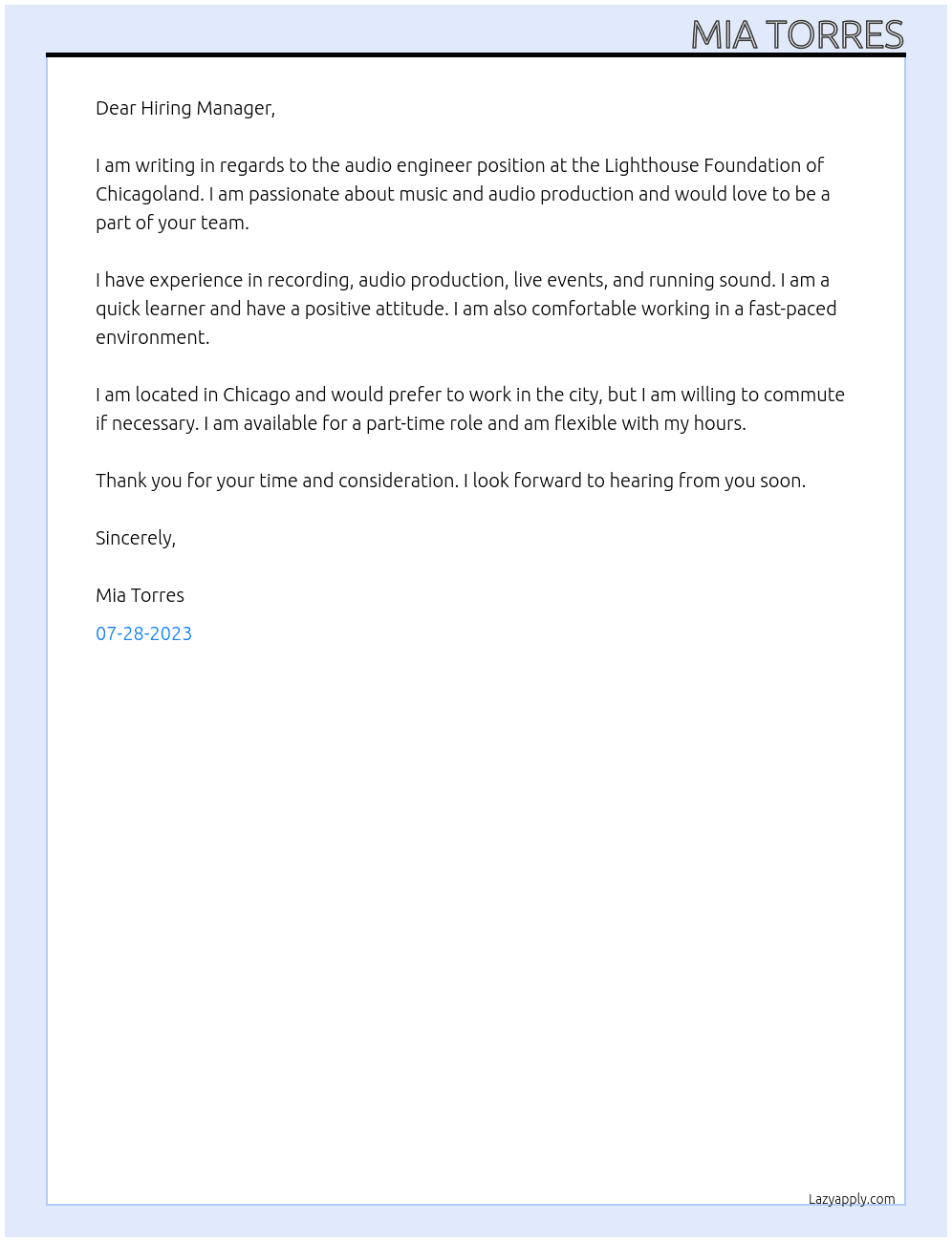 audio engineer At Lighthouse Foundation of Chicagoland Cover Letter