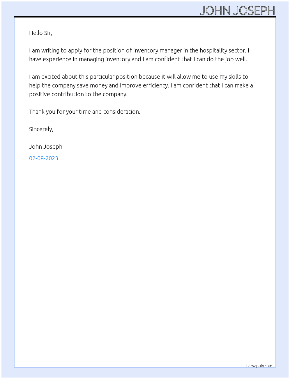 Cover letter for inventory manager in hospitality sector - LazyApply